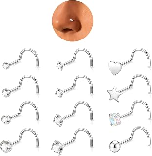 12 Pcs 20G Silver Nose Rings Studs Corkscrew Piercing Jewelry for Women Men | Hypoallergenic Surgical Stainless Steel Small Tiny CZ Screw Nose Stud Heart Star Opal Nose Ring Nostril Jewelry 1.5/2/2.5/3mm