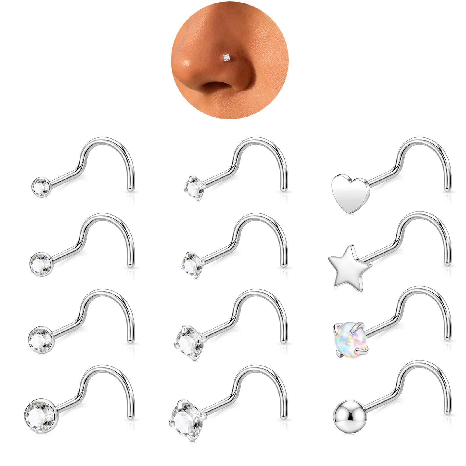 12 Pcs 20G Silver Nose Rings Studs Corkscrew Piercing Jewelry for Women Men | Hy