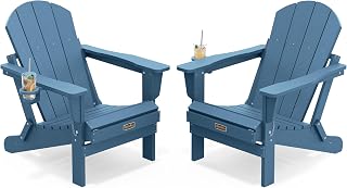 SERWALL Folding Adirondack Chair Set of 2 with Cup Holder for Fire Pit-Blue | Adirondack Chairs Set for Patio Garden Outdoors, All Weather Plastic Fire Pit Chair, Wood Texture, SGS Tested, Lawn Chairs