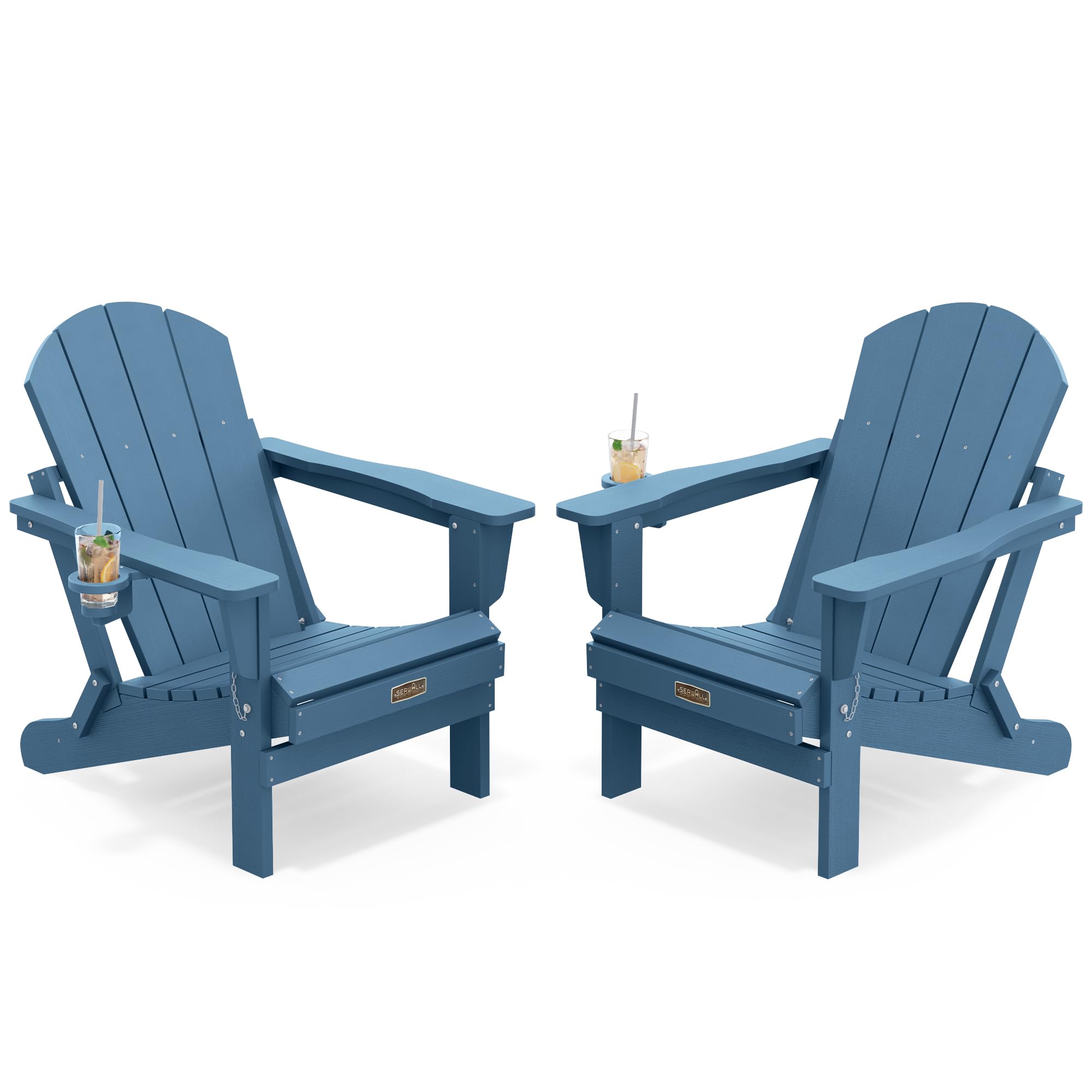 SERWALL Folding Adirondack Chair Set of 2 with Cup Holder for Fire Pit-Blue | Ad