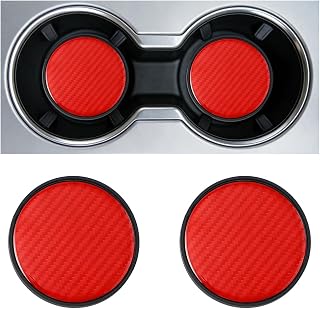 2PCS Car Cup Holder Coaster, Carbon Fiber Non-Slip Dustproof Vehicle Water Bottle Insert Mat, Embedded Shockproof Automotive Drink Cup Pad Decor, Universal for Most Vehicles (Red)