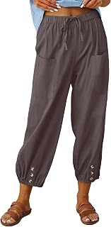 Women's Capri Pants High Waist Drawstring Cinch Bottom with Button Cotton Loose Casual Trouser with Pockets Dark Purple