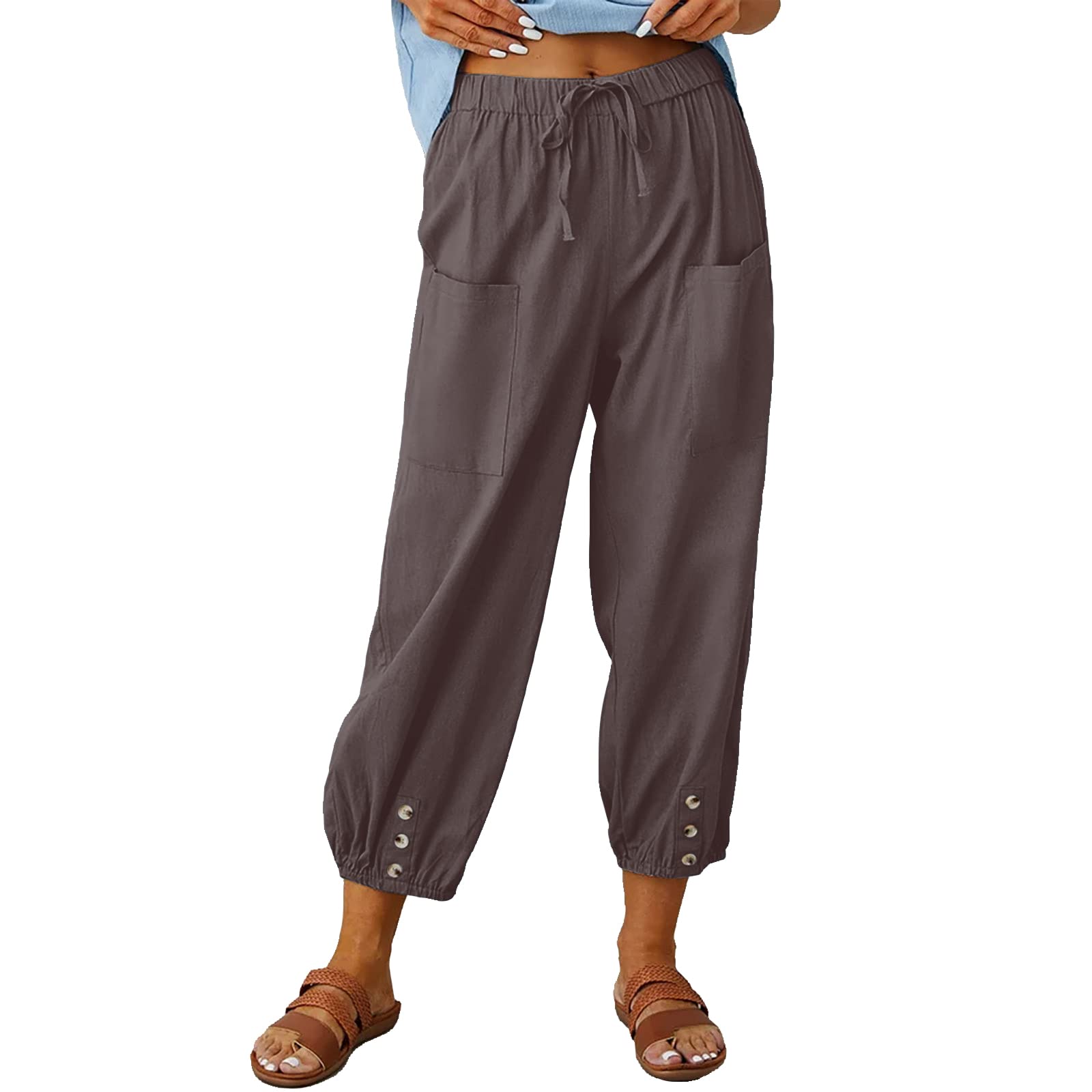 Women's Capri Pants High Waist Drawstring Cinch Bottom with Button Cotton Loose 