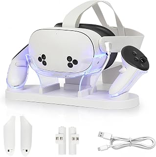 CBDYWVR Charging Dock for MetaQuest 3S/Quest 3, with USB-C Fast Charging | Simultaneous Charging, 2H Controller/3H Headset Charge, RGB Charge Indicator, Anti-Slip Base, 600mAh Rechargeable Batteries
