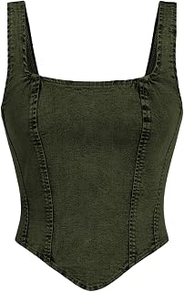 WDIRARA Women's Denim Corset Tank Top Crop Sleeveless Zip Up Back Tops