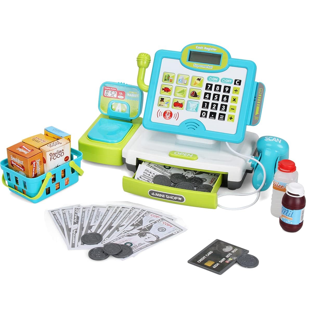 FS Toy Cash Register for Kids with Scanner, Calculator & Play Money 3-7 | 45 PCS