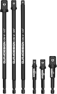 GURADESIGN 10“ Long Impact Socket Adapter Set for Drill 6-Piece, 10" and 3“, Impact Grade Power Drill Sockets Adapter Set, 1/4", 3/8", 1/2" Hex Shank Impact Driver Socket Adapter.
