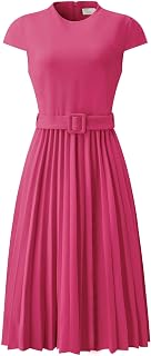 Hobemty Women's Pleated Dress Mock Neck Cap Sleeve Belted A-Line Dresses