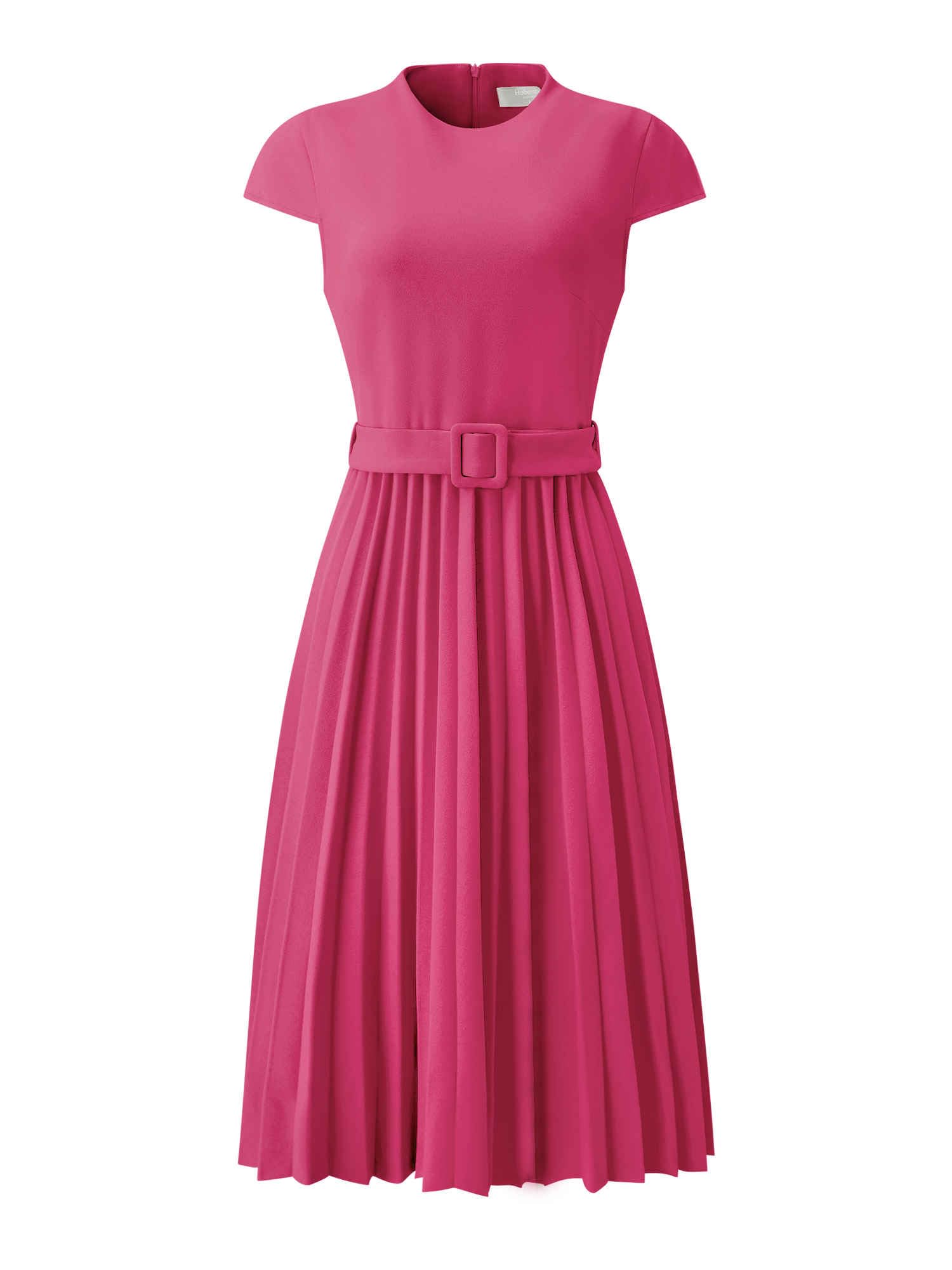 Hobemty Women's Pleated Dress Mock Neck Cap Sleeve Belted A-Line Dresses