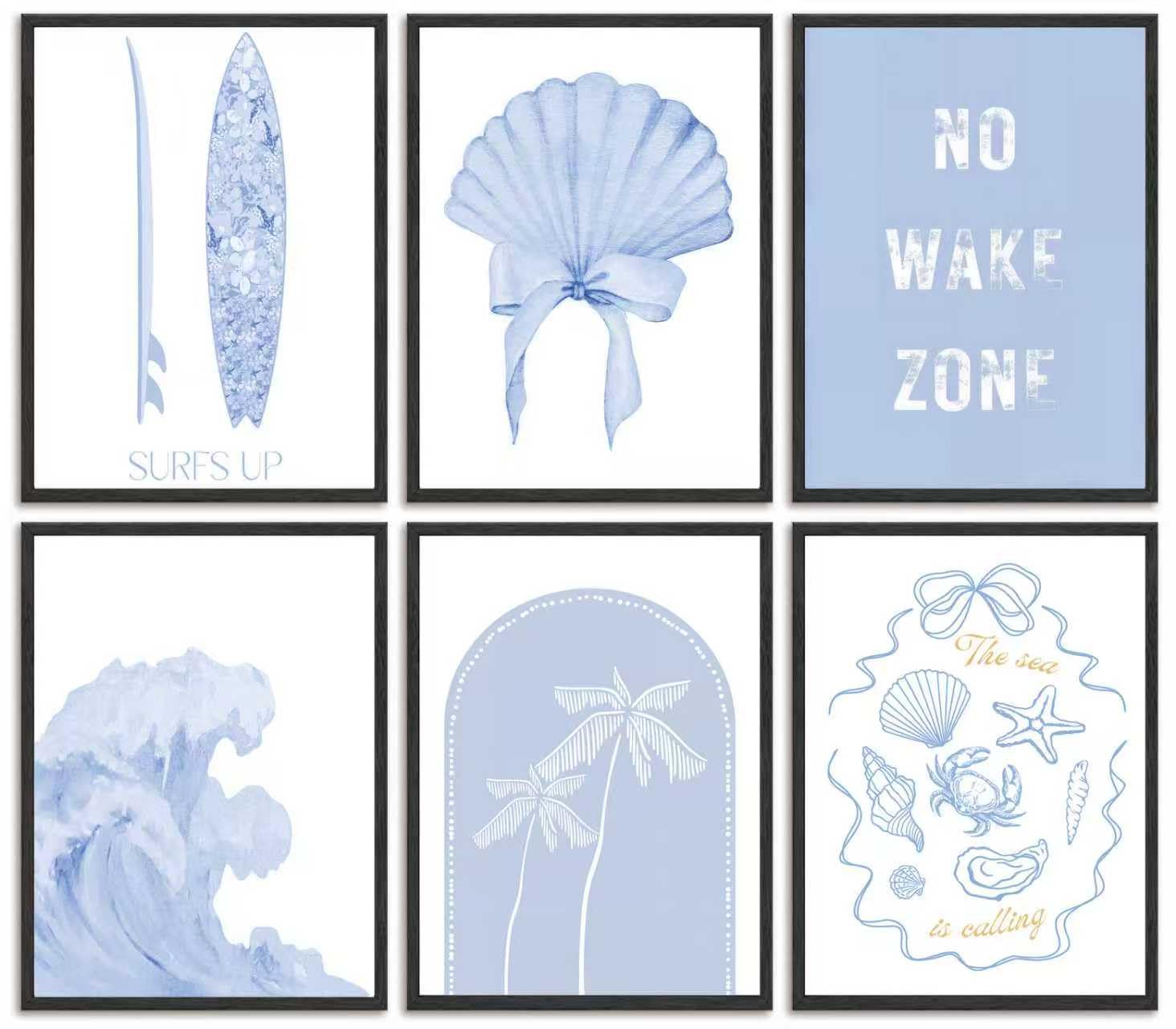 6pcs Blue Coastal Beach Canvas Wall Art Coastal Granddaughter Bow Shells Posters