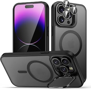 TOBOVON for iPhone 14 Pro Case, Compatible with MagSafe，Built-in Camera Ring Stand，with Individual Camera Cover, Translucent Matte Military-Grade Drop Protection Magnetic Case, Black