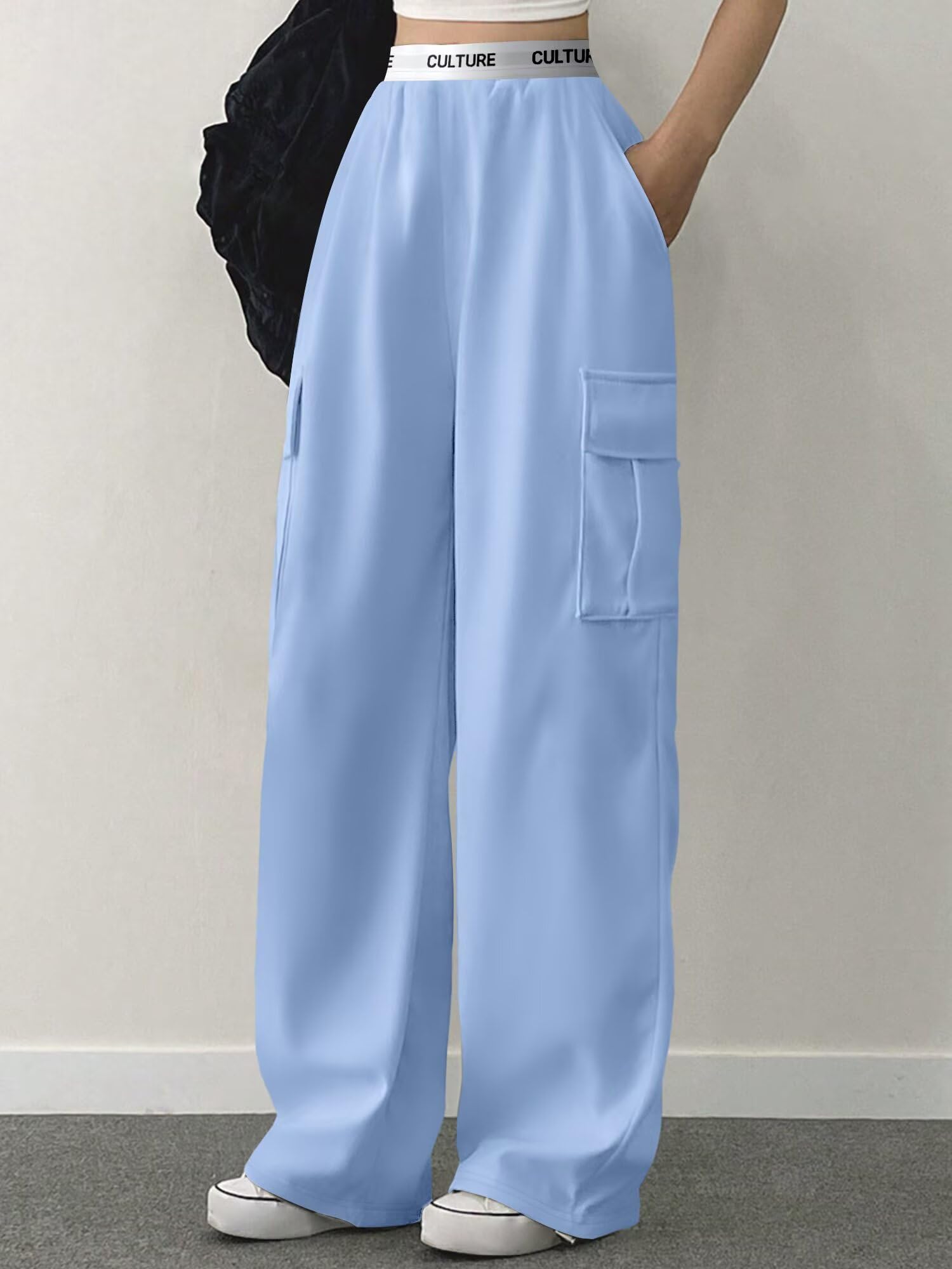 Women's Wide Leg Cargo Sweatpants High Waist Contrast Letter Knit Pants