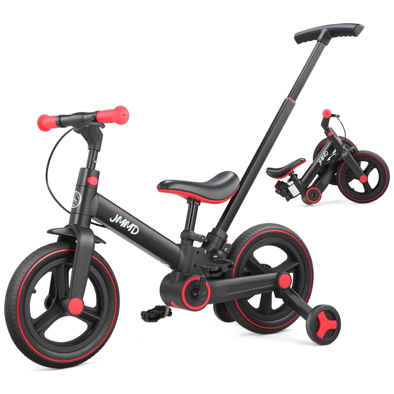 JMMD 6 in 1 Toddler Bike with Push Handle for Kids 18-60 Months, 12" Foldable Ba