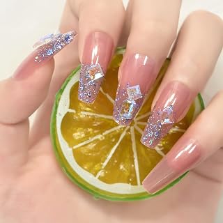 Nude Red Press on Nails with 3D Rhinestones False Nails Acrylic Fake Nail Art Tips Manicure Kits