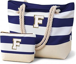 Vavabox Initial Beach Tote Bag for Women, Water-resistant Gifts for Women