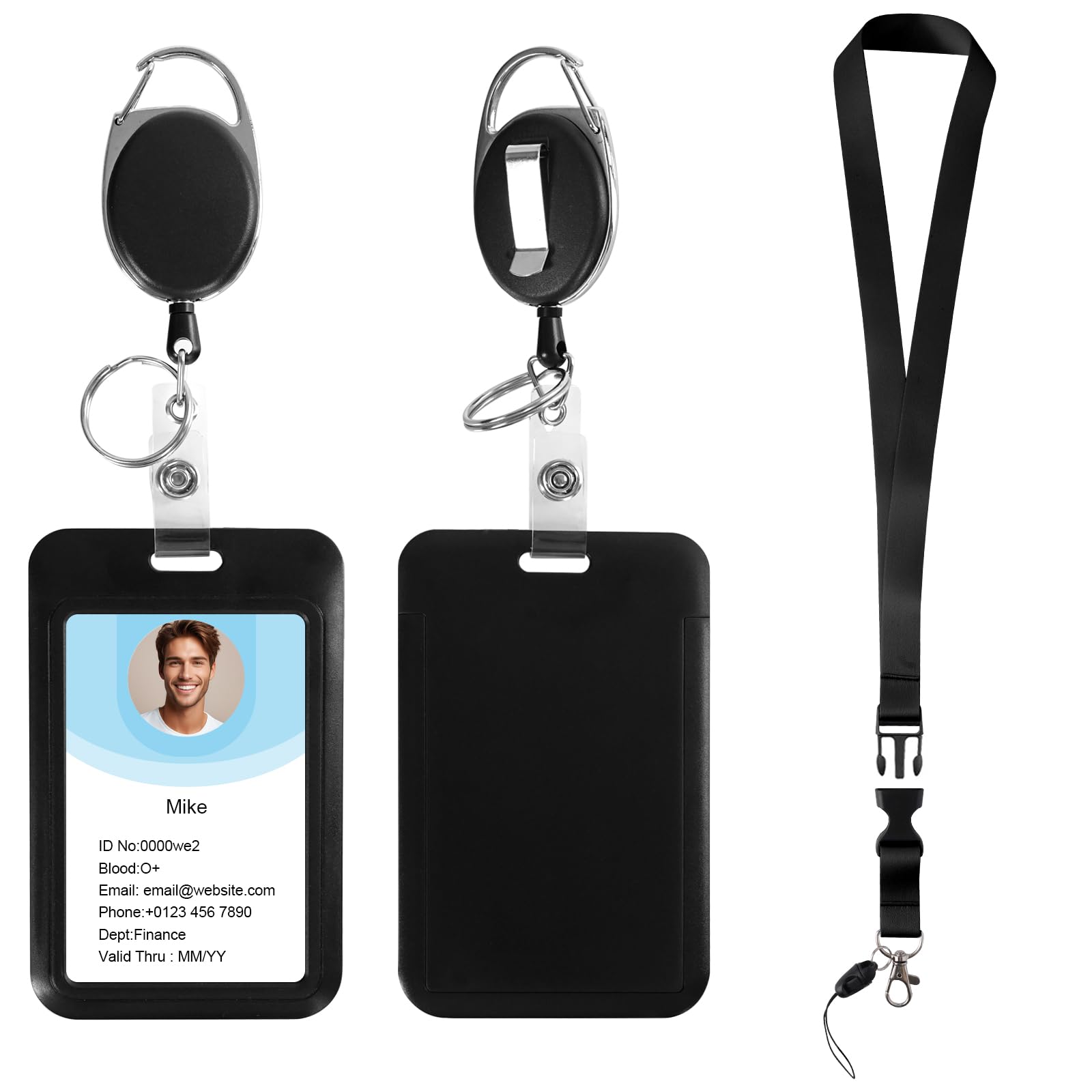 Black ID Badge Holder and Retractable Reel Clip,Landyard Keychain with id Badge,