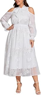 EYWOL Plus Size Cold Shoulder Tie Neck Sequin Embroidery Cocktail Dress