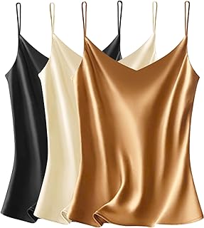 VIDUSSA Women's Satin Cami Tank Top Basic Shirt V-Neck Sleeveless Blouses Silk Top Pack