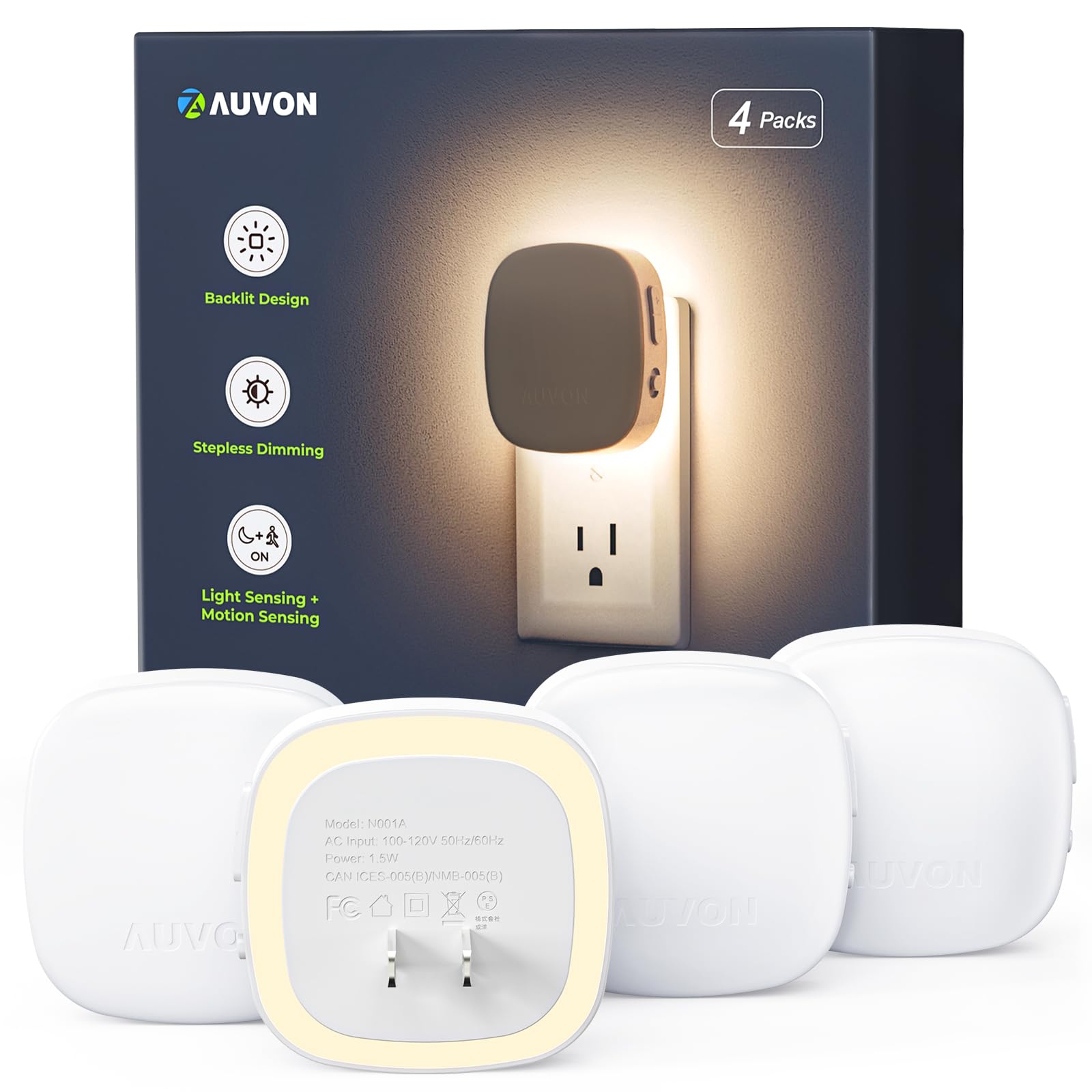 AUVON Plug-in LED Backlit Night Light 4 Packs, Motion & Dusk to Dawn Sensor | 22