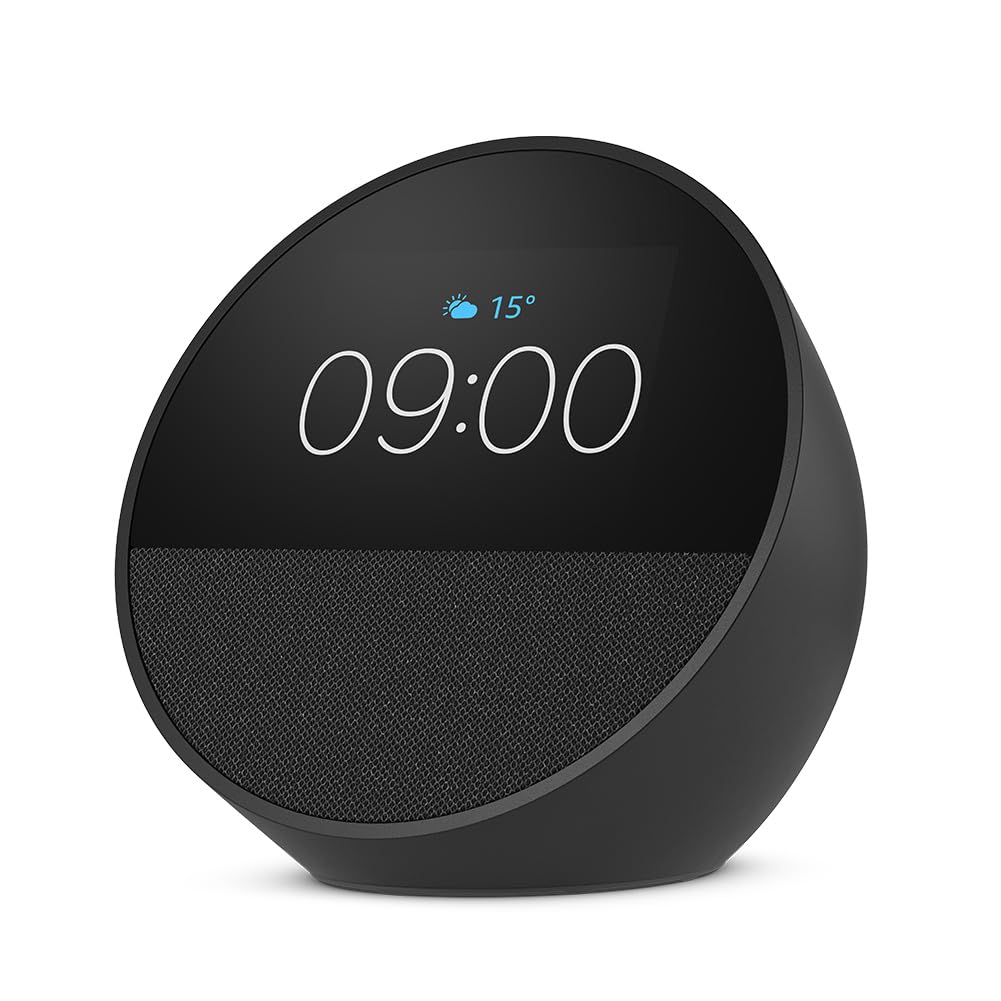 Echo Spot (newest gen), Smart alarm clock with vibrant sound, Black, with Alexa+