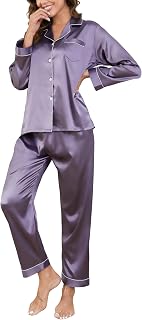 Women's Pyjama Sets Silk Satin Long Sleeve Button Down Ladies Pyjamas two Piece Silk Pjs for Women Sets Sleepwear Loungewear Nightwear for Spring Summer