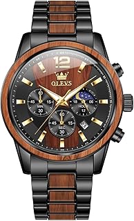 OLEVS Mens Analog Quartz Watch Wooden Luxury Wristwatch Chronograph Stainless Steel Waterproof Luminous Gift for Men