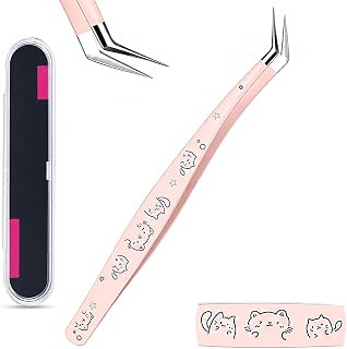Precision Craft Tweezers for Stickers, Curved Extended Tip, Stainless Steel | Kitten - Pink, Cute Embossed Animal Patterns, For Crafting Especially Sticker, Transparent Case, 7mm Controlled Grip