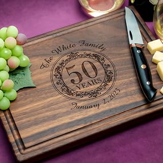 Personalized Golden Years Wreath Cutting Board, Custom Engraved with Family Name & Date, Straga Handmade Wood Charcuterie, 25th, 40th & 50th Anniversary Gift for Parents & Grandparents