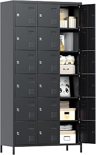 METAN 18-Door Metal Locker, Lockable Steel Cabinet, Black | 18 lockable compartments in a 35.43 in W x 15.7 in D x 72 in H steel cabinet for office, gym and employee storage.