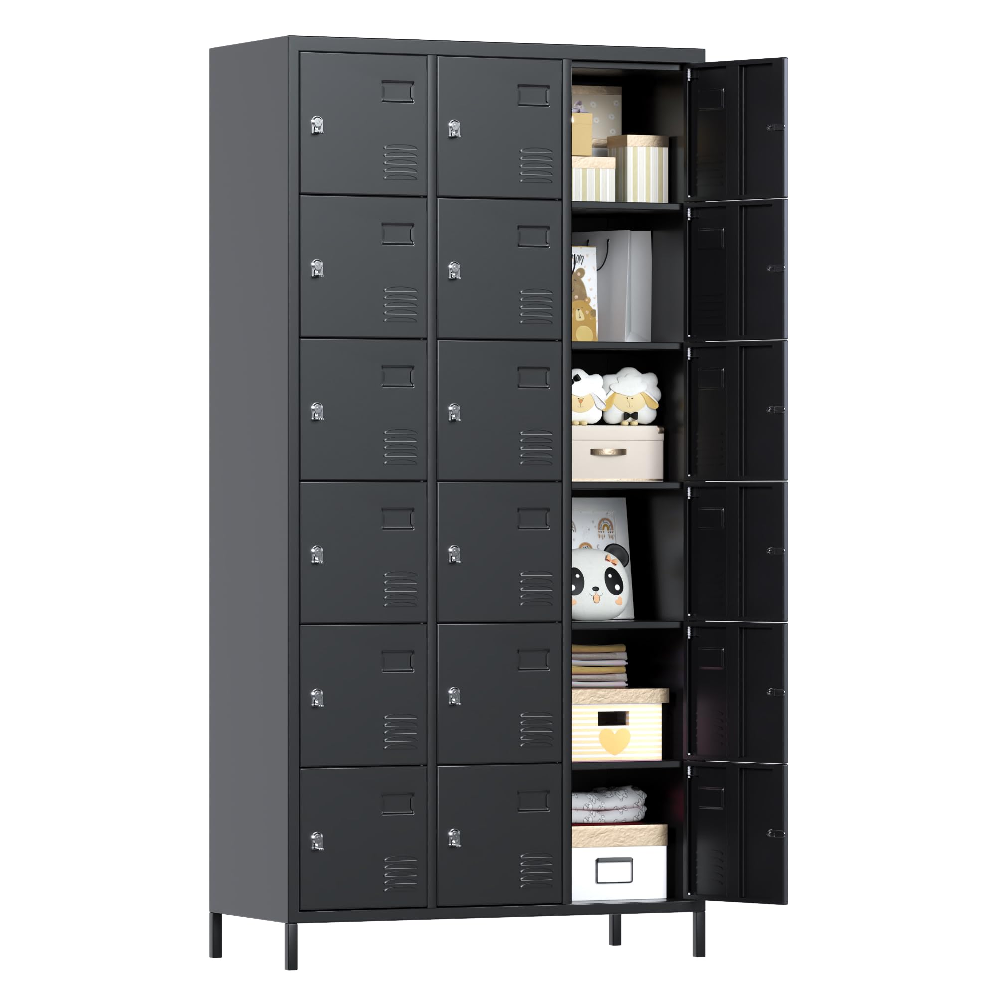 METAN 18-Door Metal Locker, Lockable Steel Cabinet, Black | 18 lockable compartm