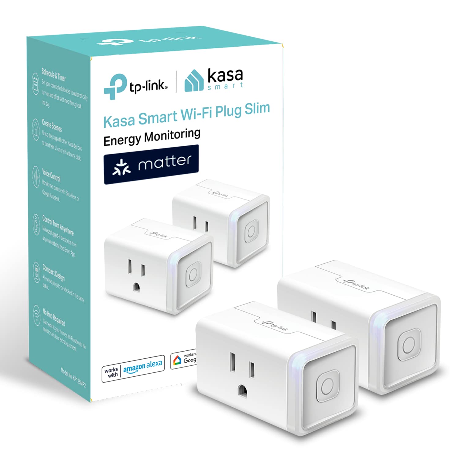 Kasa Matter Smart Plug with Energy Monitoring, KP125MP2, 15A/1800W Max | Compact
