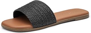 Athlefit Flat Sandals Women Dressy Square Toe Raffia Summer Slide Sandals