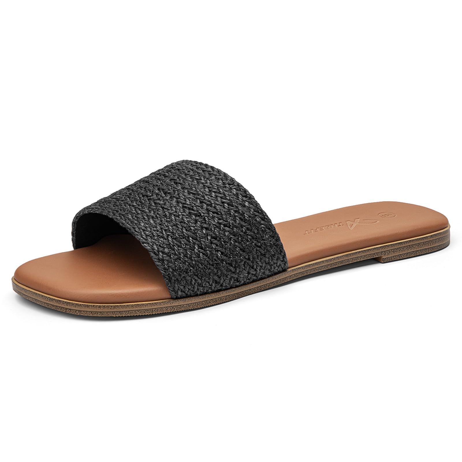 Athlefit Flat Sandals Women Dressy Square Toe Raffia Summer Slide Sandals