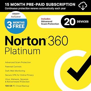 Norton 360 Platinum 2027 Antivirus, 20 Devices, 3 Months Free [Download] | Includes Scam Protection, Advanced VPN, Dark Web Monitoring, & PC Cloud Backup