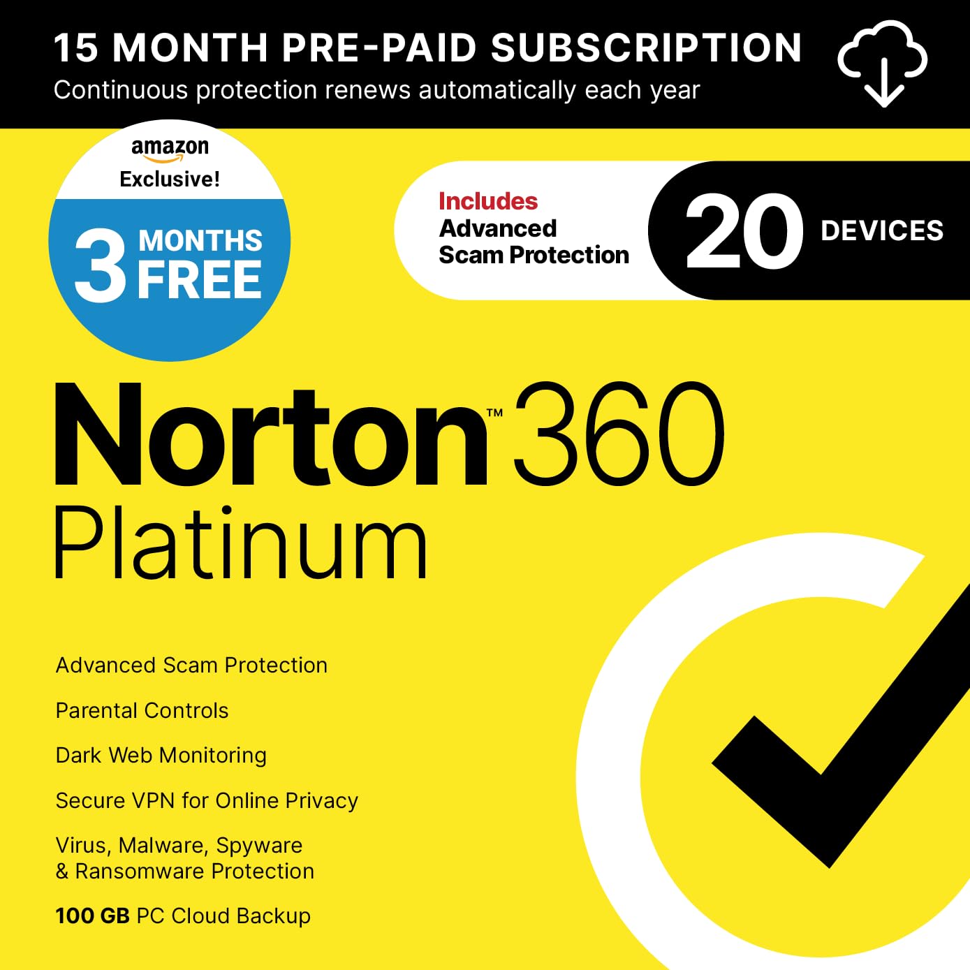 Norton 360 Platinum 2027 Antivirus, 20 Devices, 3 Months Free [Download] | Inclu