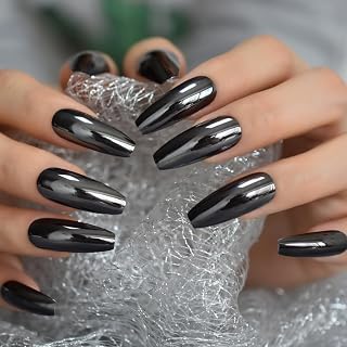 Glossy Black Metallic Pressed Nails False Nails Long Coffin Fake Nail Art Tips
