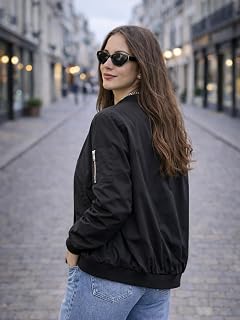Women Casual Bomber Jacket Zipper Lightweight Bomber Jacket with Pockets Solid Color S-XXL
