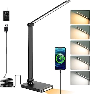 LED Desk Lamp with USB Ports,Touch Desk Lamps for Home Office with 5 Modes | 3 Brightness Desk Light with Small Night Light,Reading Lamp Table Lamp for Bedroom Bedside Study Black （with adapter）