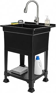 UTILITYSINKS Utility Sink Black - Quick Connect Drain - 24 x 24 in | Resin Construction, Freestanding Design, 37 in Height, Pull Out Faucet, Adjustable Leveling Feet, Bottom Storage Tray