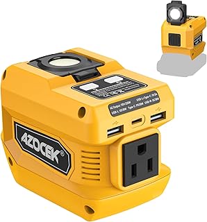 Azocek 220W Power Inverter Compatible with Dewalt 20V Battery | Battery not included, DC 20V to AC 110V, 2 USB Ports & 1 Type-C Fast Charging, 400LM LED Work Light