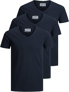Jack and Jones Men's Basic V-Neck T-Shirt Pack of 3 Solid Colour Slim Fit White Black Blue Grey