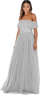 Maya Deluxe Women's Misty Green Bardot Embellished Maxi Dress Bridesmaid