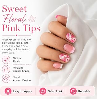 Press on Nails Pink and Red, Medium Square Flower Nails, Removable Acrylic Nails Suitable for Women and Girls Nail Art, 24PCS