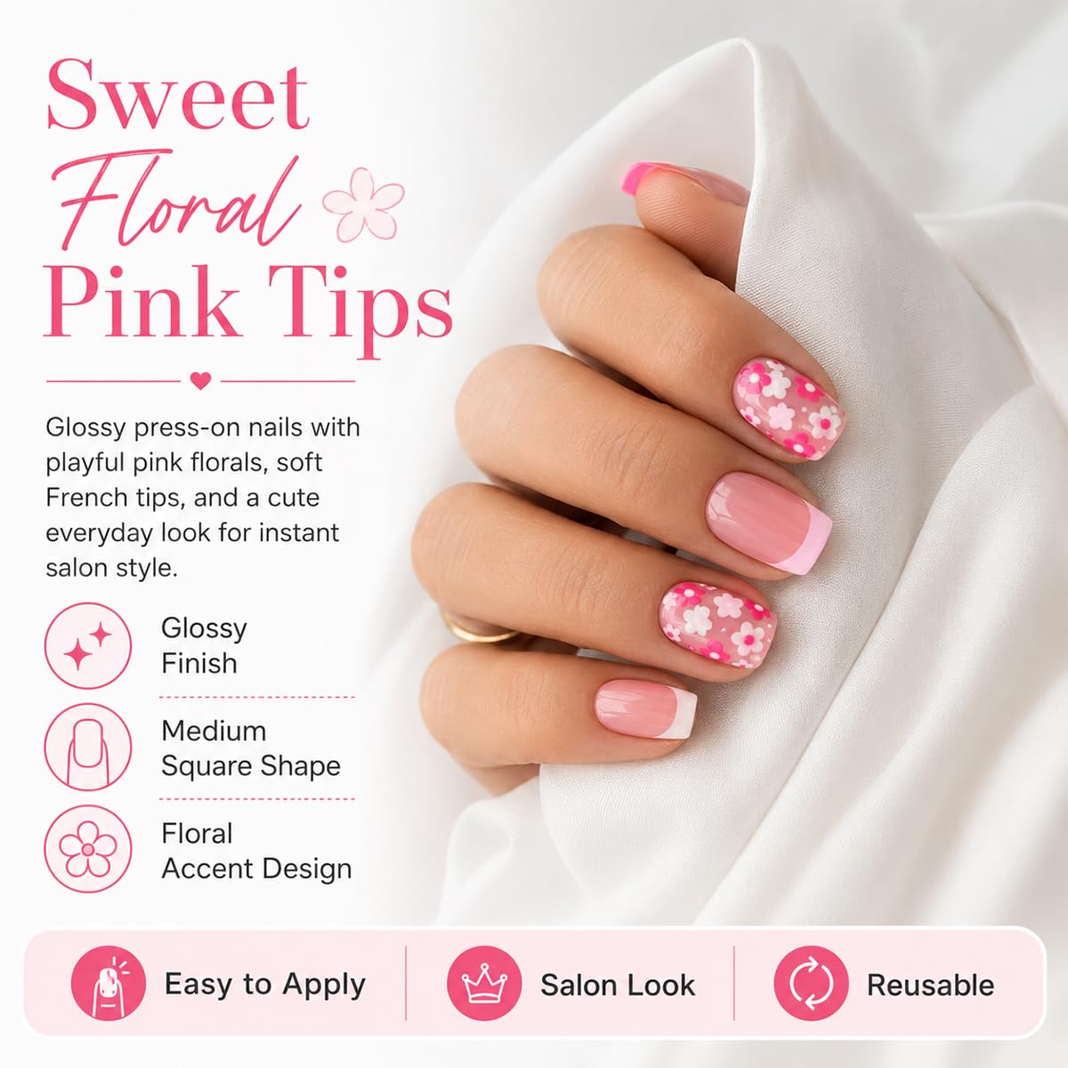 Press on Nails Pink and Red, Medium Square Flower Nails, Removable Acrylic Nails
