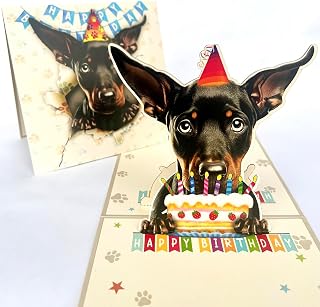 3D Pop-Up Doberman Pinscher Dog Birthday Card - Cute Dog with Cake Celebration, Whimsical Happy Birthday Greeting for Dog Lovers - Doberman Puppy 3D Birthday Pop Up Card