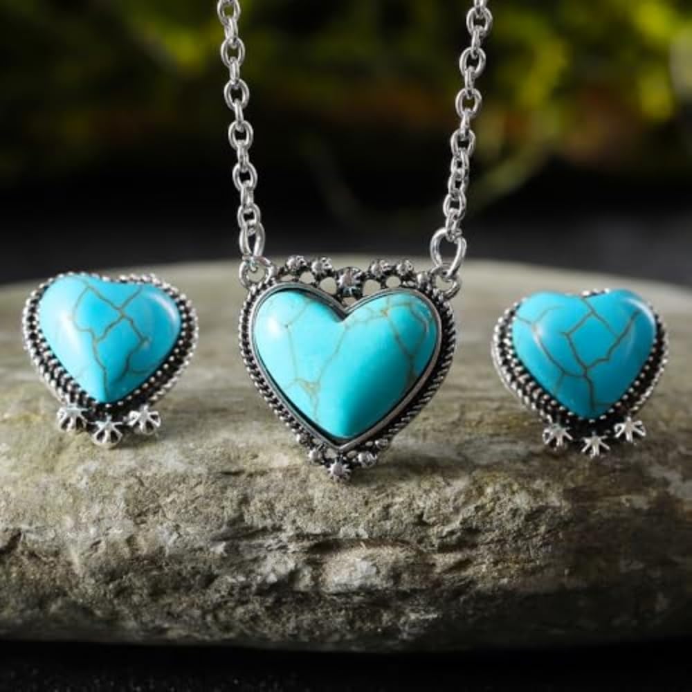 Western Jewelry Women Cowgirl Bohemian Turquoise Jewelry Set Heart Pendant Chain