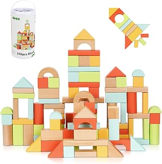 OOOK 100pcs Building Blocks for Toddlers 1-3 with Shape Sorter Lid | FSC Wood, Assorted with Storage Bucket, Montessori Toys for 1 2 3 Year Old, Learning Toys for Preschool Girls and Boys