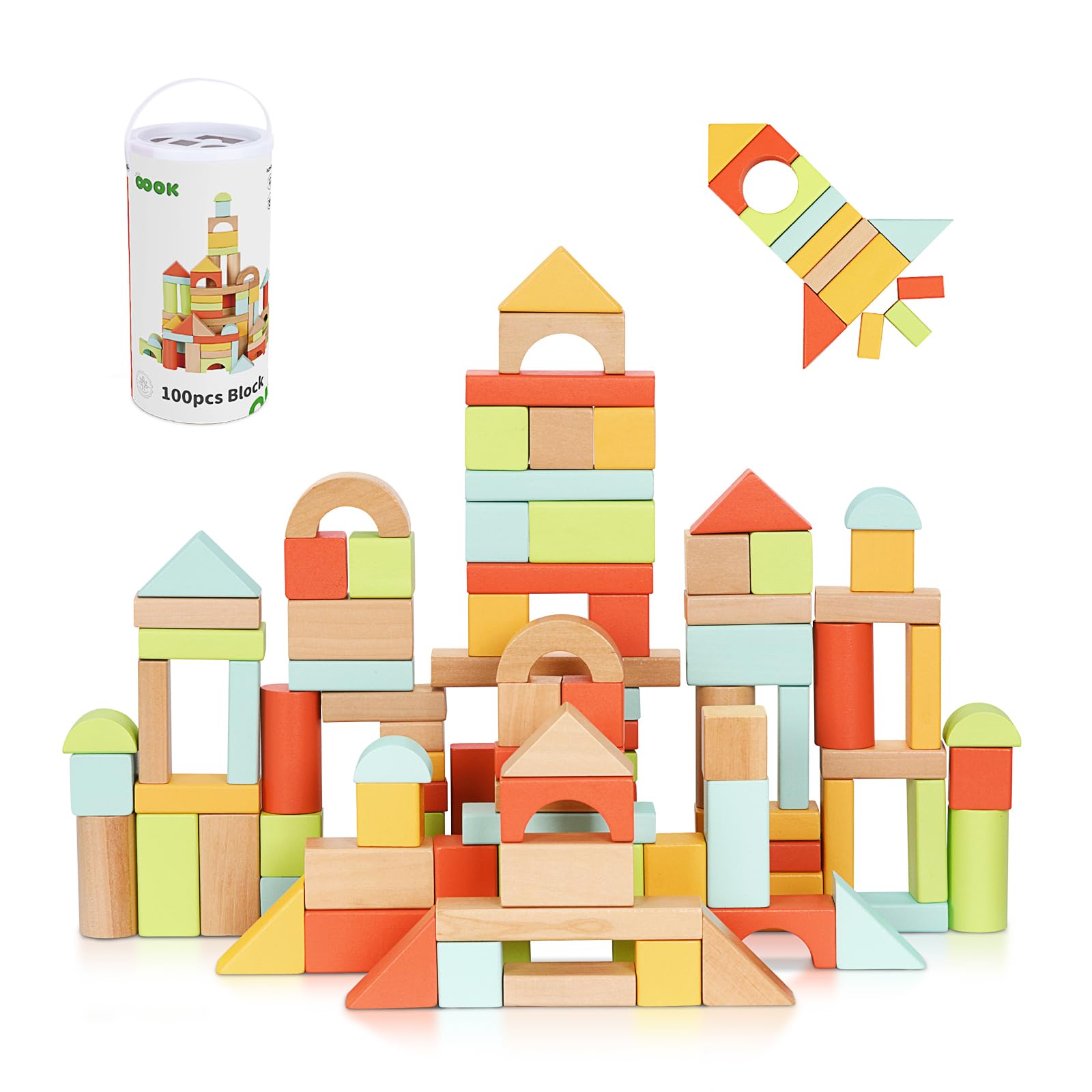 OOOK 100pcs Building Blocks for Toddlers 1-3 with Shape Sorter Lid | FSC Wood, A
