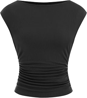 CIDER Boat Neck Tops for Women Sleeveless Ruched Crop Tank Tops