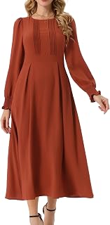 Seta T Women's Fall Dress Frilled Long Sleeve A-Line Casual Midi Dresses